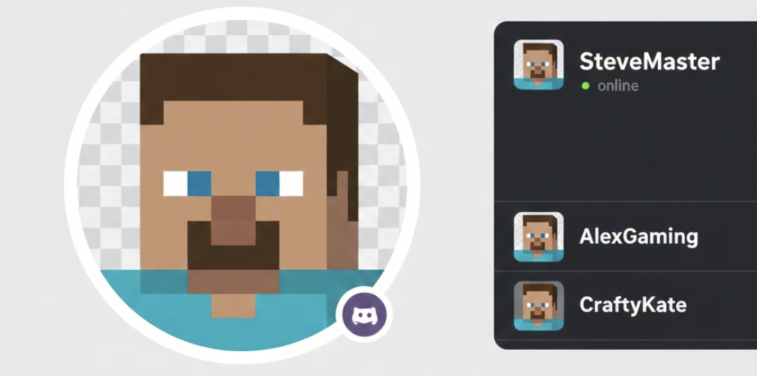Finished custom Pixel Minecraft Steve avatar ready for use as a Discord or Minecraft server profile picture, emphasizing the transparent background feature of the Pixelator tool.